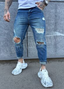 Мъжки сини дънки с цепки на колената тип boyfriend A9563