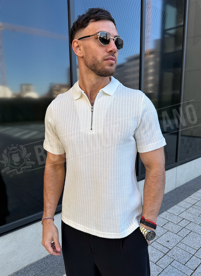 Мъжка бяла тениска с цип Regular Fit T9441-2