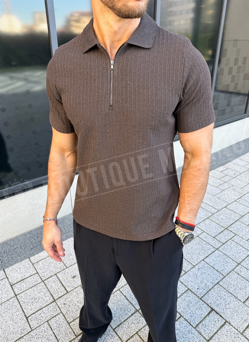 Мъжка тъмнокафява тениска с цип Regular Fit T9441-4