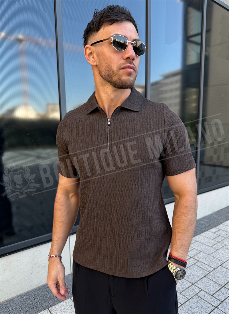 Мъжка тъмнокафява тениска с цип Regular Fit T9441-4