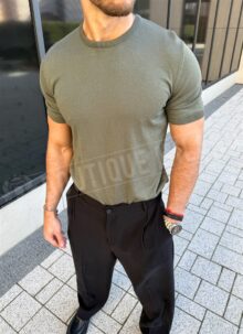Мъжка тениска цвят каки Slim Fit T3169-4