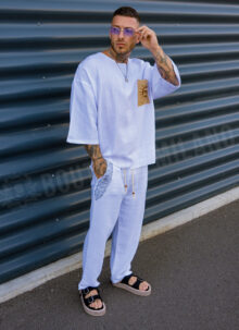 Мъжки oversize комплект от две части - етно дизайн в бяло L2935-2