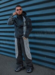 Мъжки плюшен спортен комплект с цип "VELOUR TECH FLEECE" – черно / сиво L2117-2