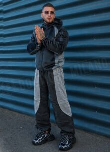 Мъжки плюшен спортен комплект с цип "VELOUR TECH FLEECE" – черно / сиво L2117-2