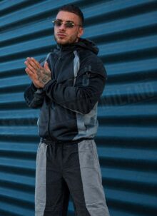 Мъжки плюшен спортен комплект с цип "VELOUR TECH FLEECE" – черно / сиво L2117-2