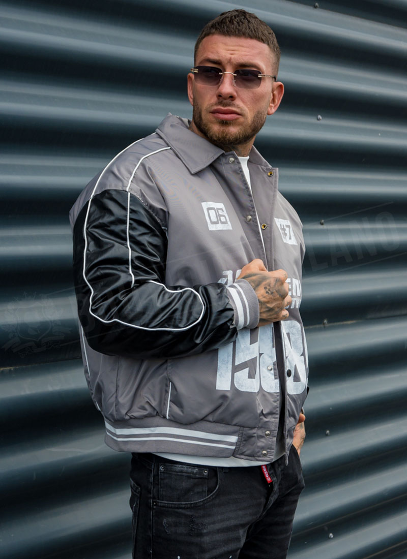 Мъжко колежанско яке тип Varsity / Racing – сив шушляк/ черна кожа K059-2