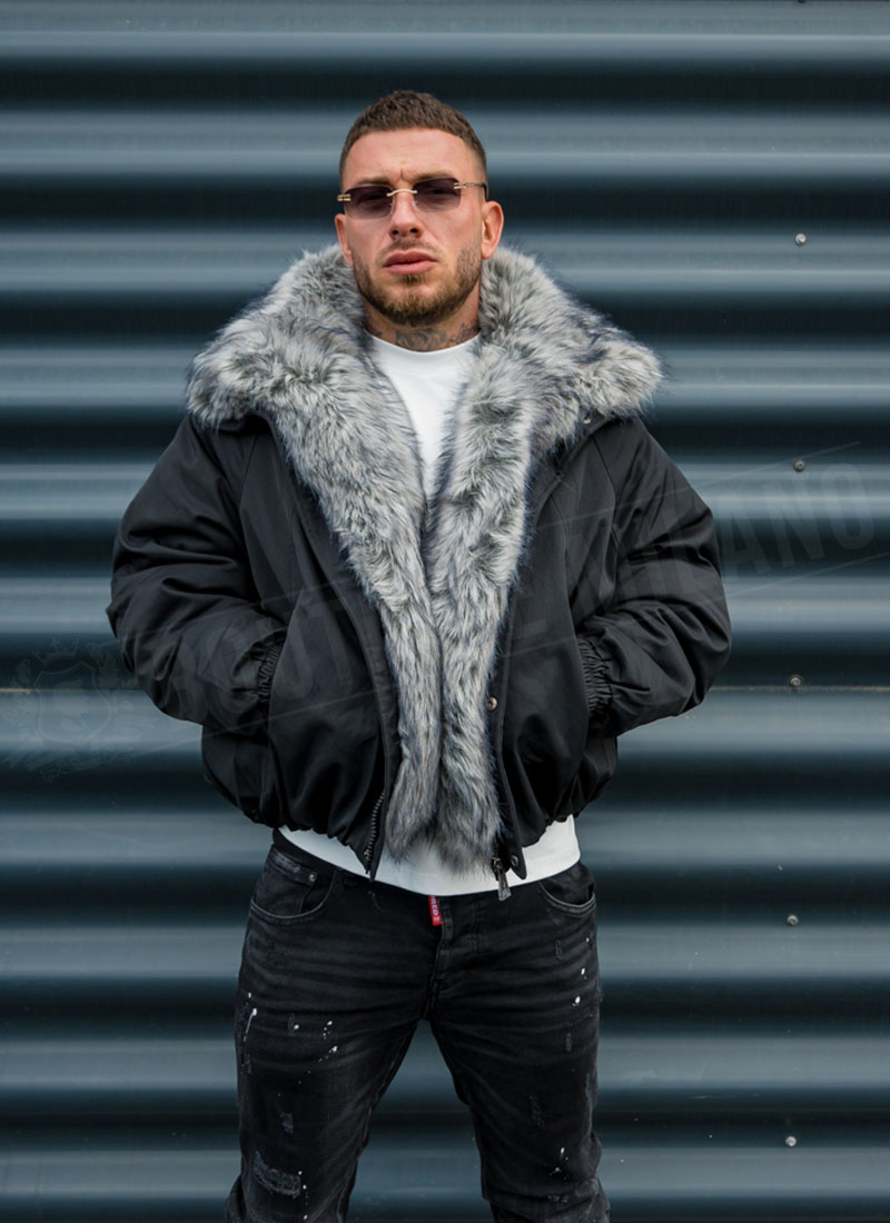 Мъжко черно зимно яке с богата пухена яка "LUX FUR BOMBER" K20154-1