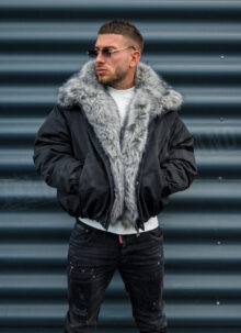 Мъжко черно зимно яке с богата пухена яка "LUX FUR BOMBER" K20154-1
