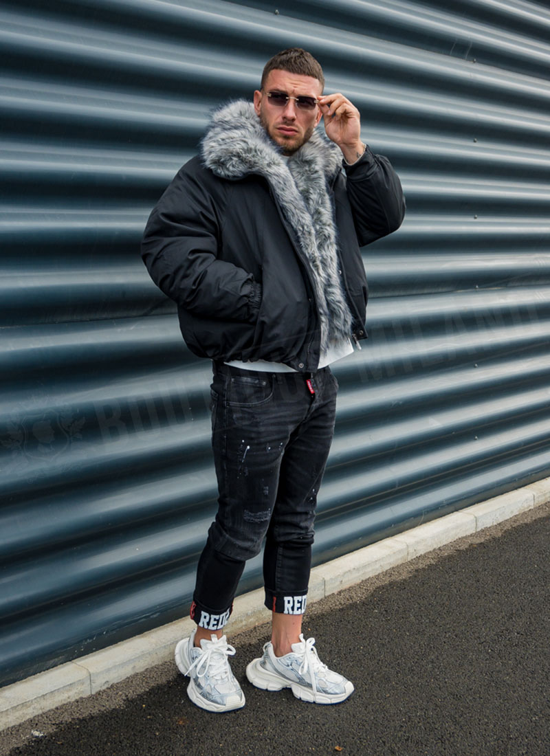 Мъжко черно зимно яке с богата пухена яка "LUX FUR BOMBER" K20154-1