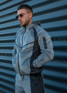 Мъжки плюшен спортен комплект с цип "VELOUR TECH FLEECE" – сиво / черно L2117-1