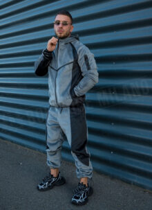 Мъжки плюшен спортен комплект с цип "VELOUR TECH FLEECE" – сиво / черно L2117-1