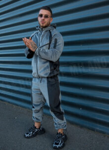 Мъжки плюшен спортен комплект с цип "VELOUR TECH FLEECE" – сиво / черно L2117-1
