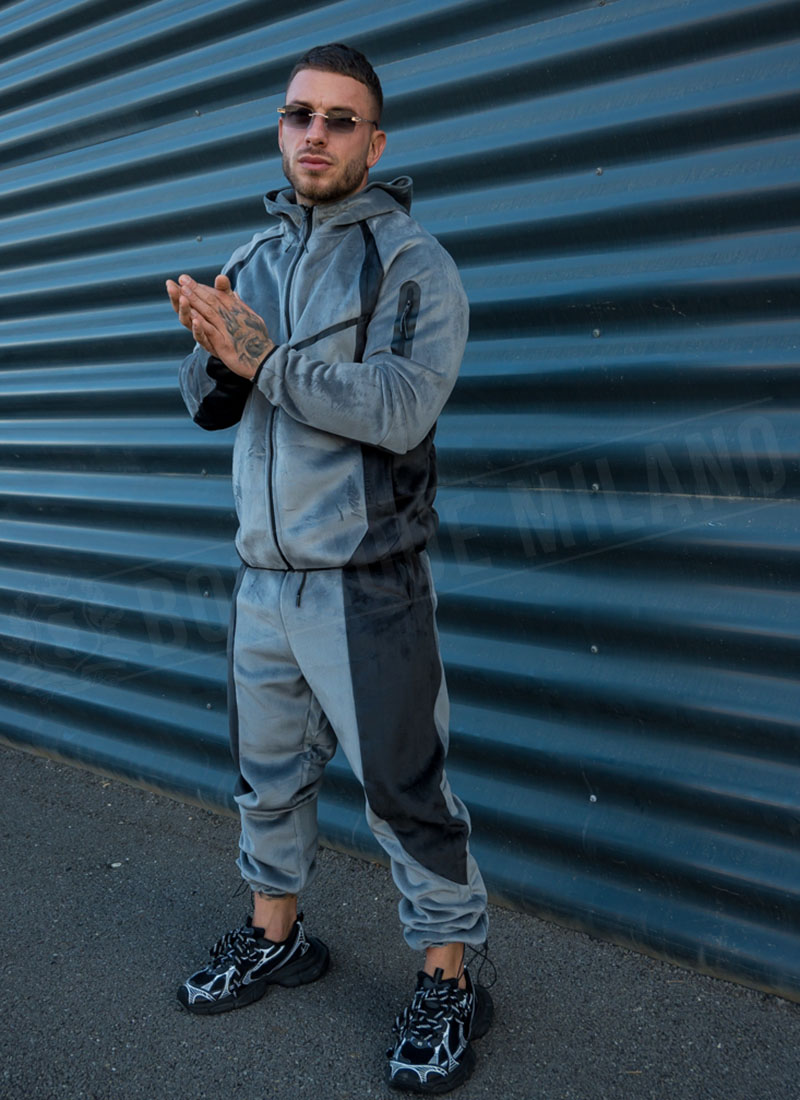 Мъжки плюшен спортен комплект с цип "VELOUR TECH FLEECE" – сиво / черно L2117-1