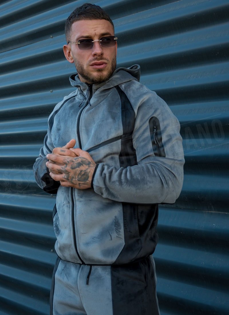 Мъжки плюшен спортен комплект с цип "VELOUR TECH FLEECE" – сиво / черно L2117-1