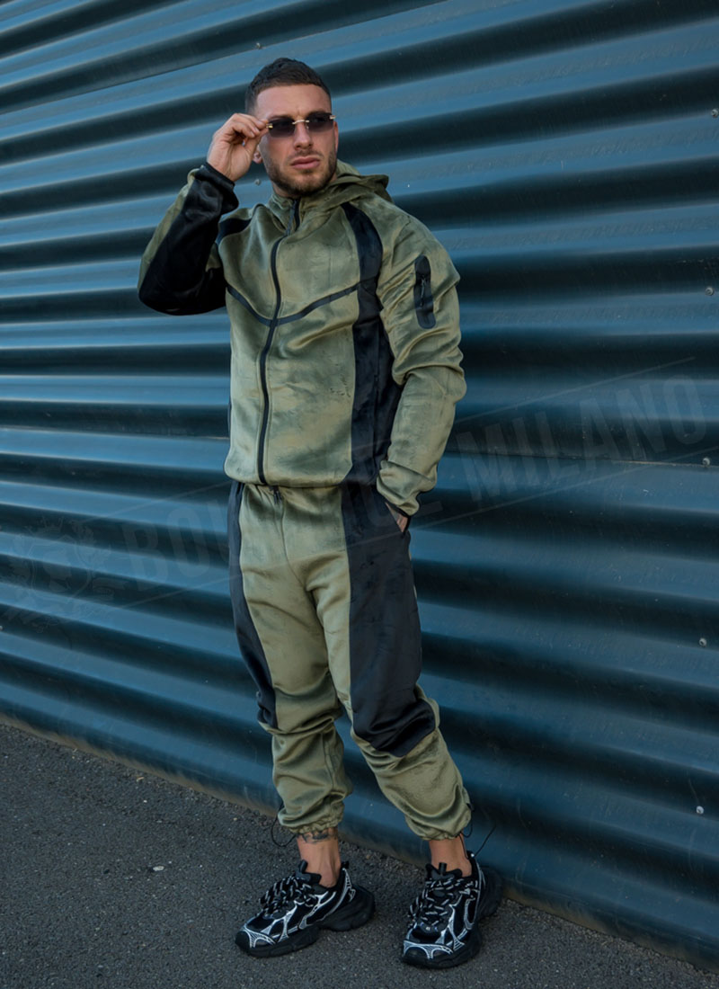 Мъжки плюшен спортен комплект с цип "VELOUR TECH FLEECE" – зелено / черно L2117-3