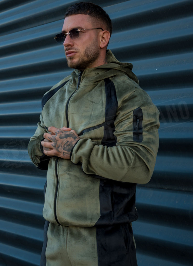 Мъжки плюшен спортен комплект с цип "VELOUR TECH FLEECE" – зелено / черно L2117-3