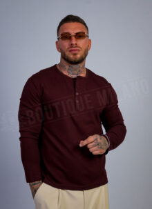 Мъжка рипсена блуза с частични копчета цвят бордо B9466-3