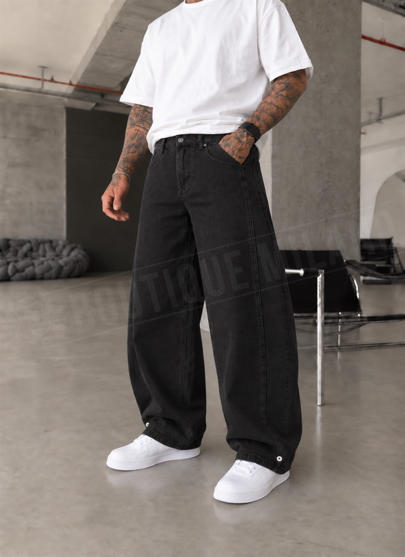 Мъжки широки черни дънки с анатомични шевове "OVERSIZED BLACK BAGGY" A535-1