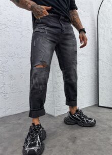 Мъжки накъсани черни дънки с пръски боя "VINTAGE WASH RIPPED BLACK" A1821