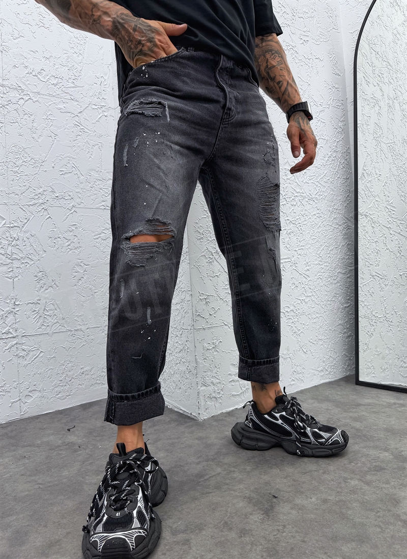 Мъжки накъсани черни дънки с пръски боя "VINTAGE WASH RIPPED BLACK" A1821