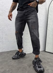 Мъжки накъсани черни дънки с пръски боя "VINTAGE WASH RIPPED BLACK" A1821