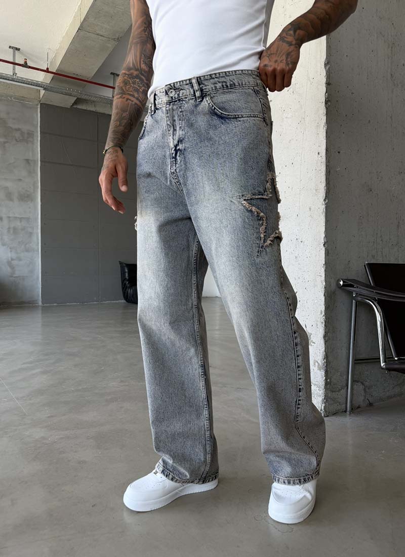 Мъжки широки сини дънки с апликация звезда "STAR PATCH BAGGY DENIM" A248-2