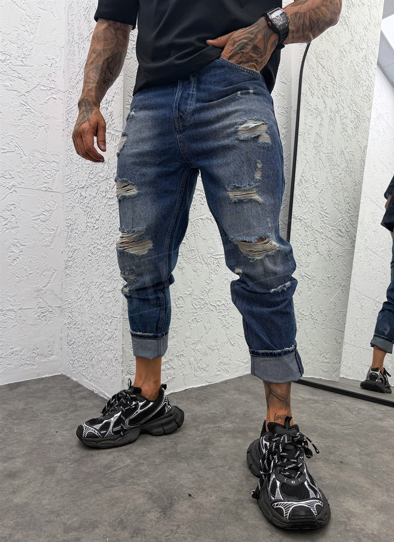 Мъжки сини накъсани дънки с Boyfriend кройка "VINTAGE RIPPED BLUE" A1794