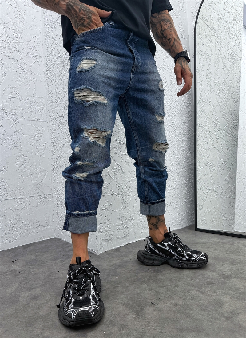 Мъжки сини накъсани дънки с Boyfriend кройка "VINTAGE RIPPED BLUE" A1794