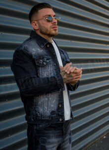 Мъжко черно дънково яке с пръски боя и изсветлен ефект D1332